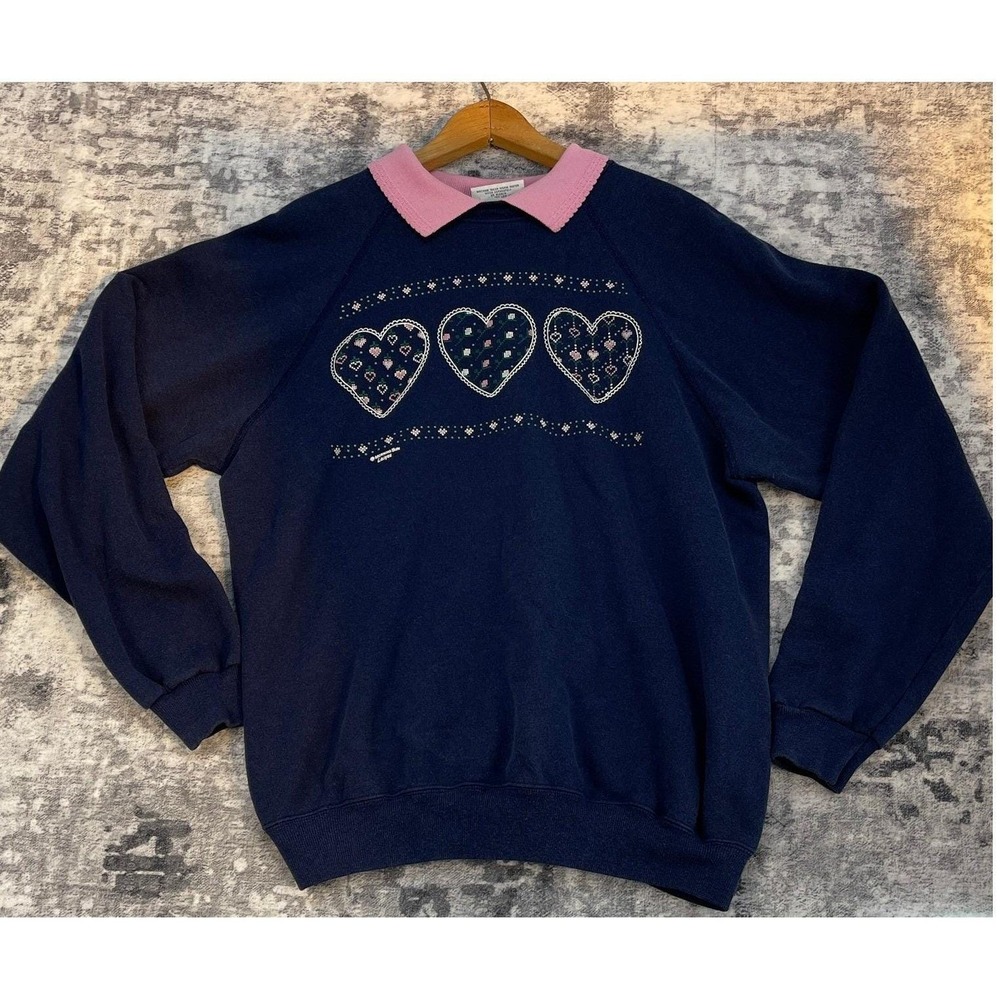 Vtg Hanes Morning Sun Navy Blue Hearts Collared Sweatshirt Women's Size XL
